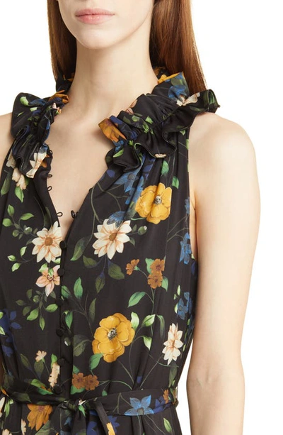Shop Kobi Halperin Ryan Floral Print Ruffle Tie Waist Midi Dress In Black Multi