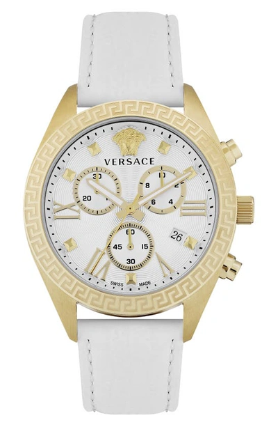 Shop Versace Greca Chronograph Leather Strap Watch, 40mm In Gold