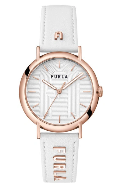 Shop Furla Easy Shape Leather Strap Watch, 38mm In Gold/ White/ White