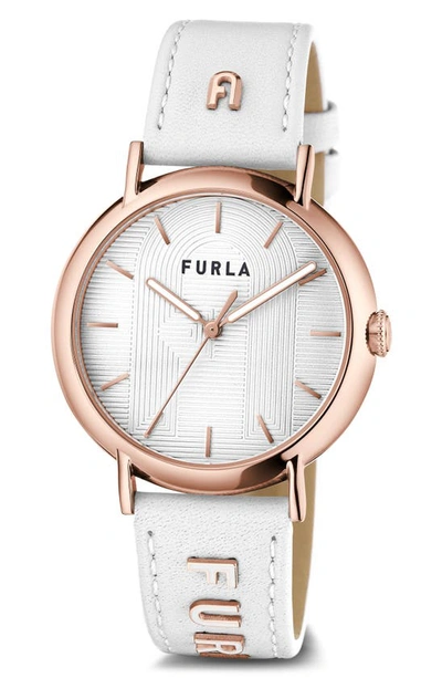Shop Furla Easy Shape Leather Strap Watch, 38mm In Gold/ White/ White