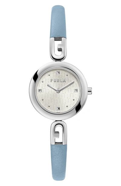 Shop Furla Bangle Leather Strap Watch, 28mm In Silver/ Silver/ Light Blue