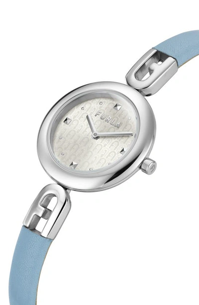 Shop Furla Bangle Leather Strap Watch, 28mm In Silver/ Silver/ Light Blue