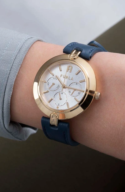 Shop Furla Logo Links Leather Strap Watch, 36.5mm In Gold/ Silver/ Blue