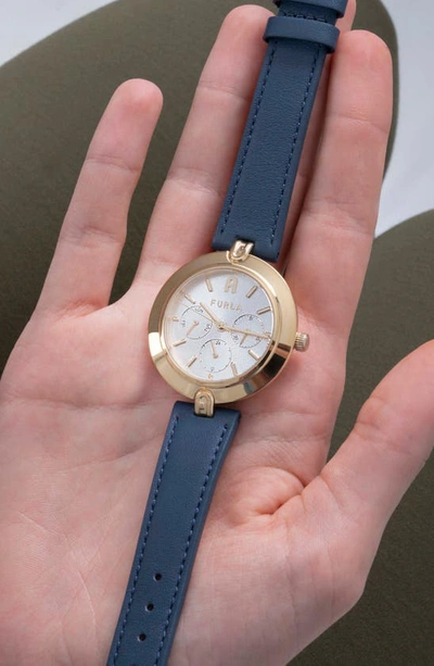 Shop Furla Logo Links Leather Strap Watch, 36.5mm In Gold/ Silver/ Blue