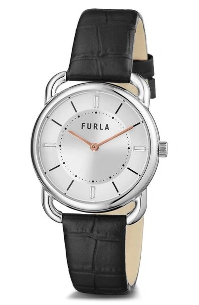 Shop Furla Sleek Leather Strap Watch, 33mm In Silver/ Silver/ Black