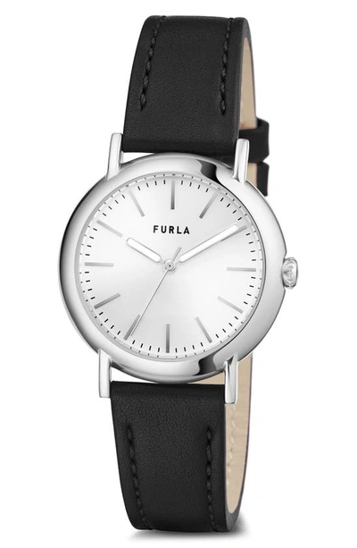 Shop Furla Easy Shape Leather Strap Watch, 32mm In Silver/ Silver/ Black