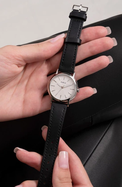 Shop Furla Easy Shape Leather Strap Watch, 32mm In Silver/ Silver/ Black
