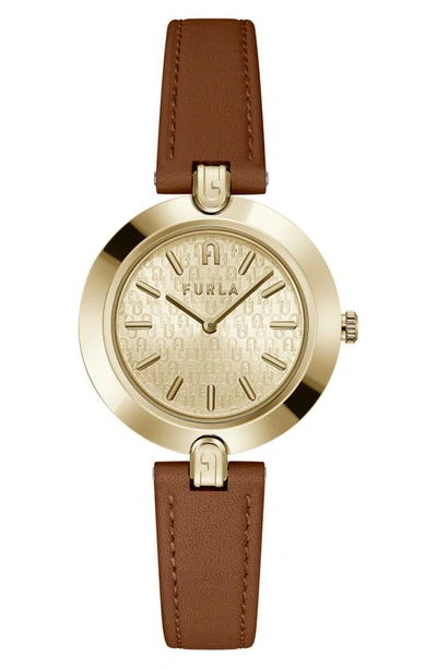 Shop Furla Logo Links Leather Strap Watch, 34mm In Gold/ Champagne/ Brown