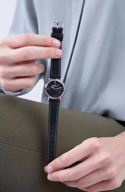 Shop Furla Easy Shape Leather Strap Watch, 32mm In Silver/ Black/ Black