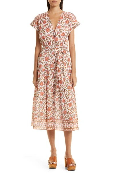 Shop Veronica Beard Lexington Floral Belted Cotton Dress In Off-white Multi