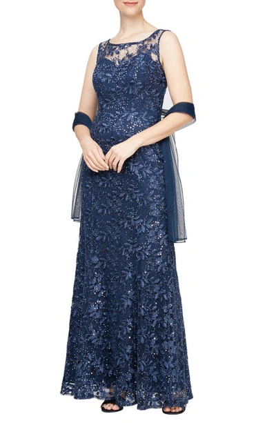 Shop Alex Evenings Embroidered Illusion Neck Gown With Shawl In Navy