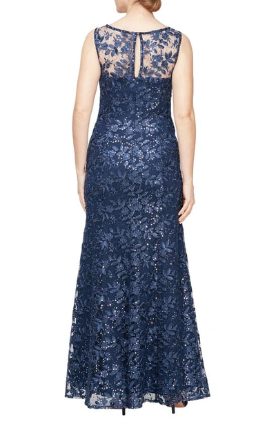 Shop Alex Evenings Embroidered Illusion Neck Gown With Shawl In Navy