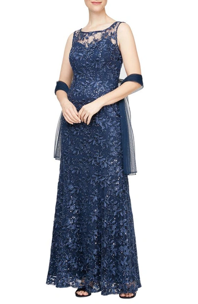 Shop Alex Evenings Embroidered Illusion Neck Evening Gown With Shawl In Navy
