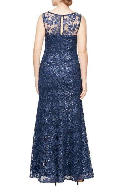 Shop Alex Evenings Embroidered Illusion Neck Evening Gown With Shawl In Navy