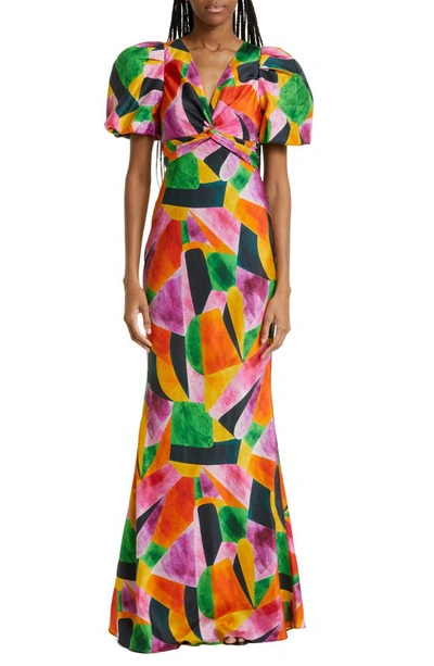 Shop Rebecca Vallance Copacabana Silk Puff Sleeve Maxi Dress In Print