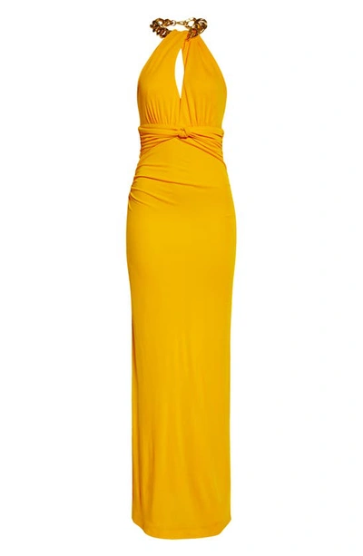 Shop Rebecca Vallance Phoenix Halter Column Gown In Marigold