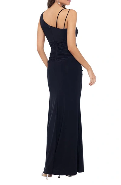 Xscape Ruched Asymmetric Neck Gown In Black