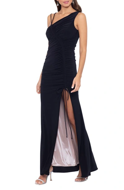 Xscape Ruched Asymmetric Neck Gown In Black