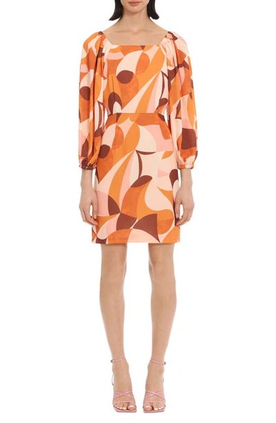 Shop Donna Morgan For Maggy Long Sleeve Square Neck Minidress In Butter Cream/ Orange Ochre