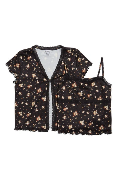 Love, Fire Kids' Camisole & Short Sleeve Cardigan Set In Black Floral