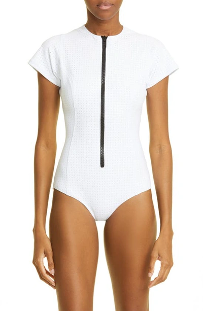 Shop Lisa Marie Fernandez Farrah Short Sleeve Zip One Piece Swimsuit In White/ Pale Blue