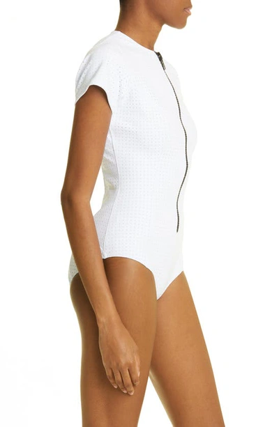 Shop Lisa Marie Fernandez Farrah Short Sleeve Zip One Piece Swimsuit In White/ Pale Blue