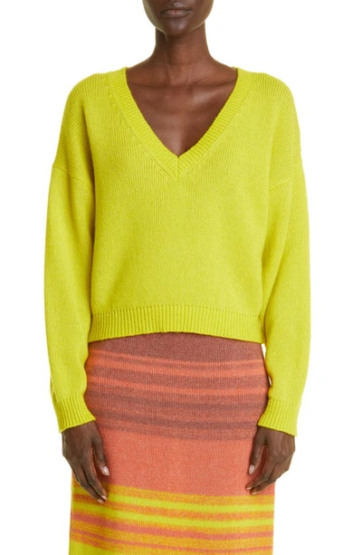Shop The Elder Statesman Numbus V-neck Cashmere & Cotton Sweater In Chartreuse