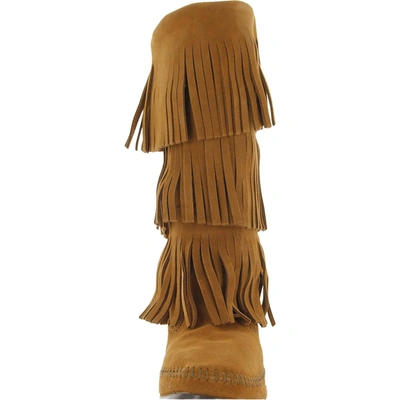 Shop Minnetonka Womens Suede Fringe Moccasin Boots In Brown