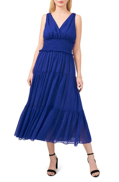 Shop Chaus Smocked Clip Dot Chiffon Midi Dress In Goddess Blue