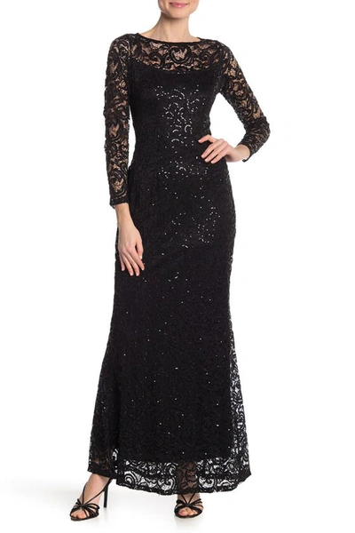 Shop Marina Sequin Lace Long Sleeve Gown In Black