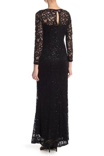 Shop Marina Sequin Lace Long Sleeve Gown In Black