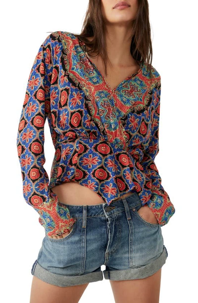 Shop Free People Falling For You Floral Print Peplum Top In Blue Combo
