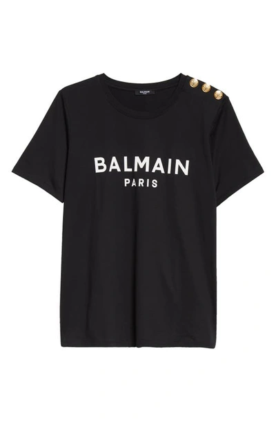 Balmain Black Crewneck T-shirt With Logo Print And Golden Buttons In Jersey Woman In Eab Black/ White