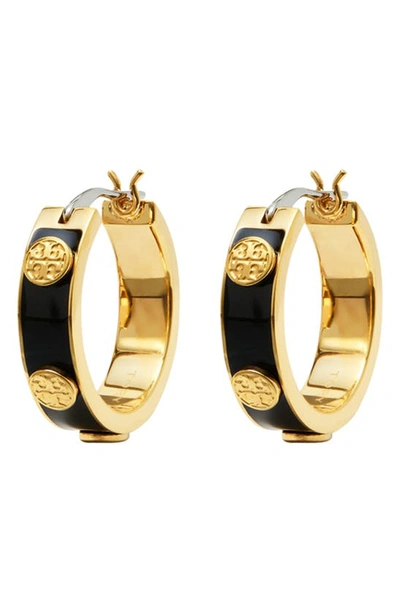 Shop Tory Burch Miller Logo Hoop Earrings In Tory Gold / Black