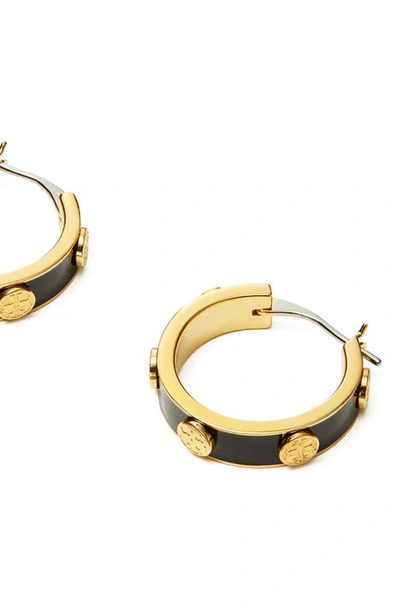 Shop Tory Burch Miller Logo Hoop Earrings In Tory Gold / Black