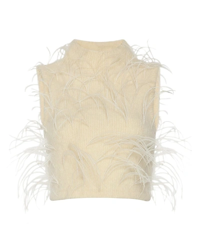Lapointe Mock-neck Feather-trim Brushed Alpaca Crop Tank Top In Cream