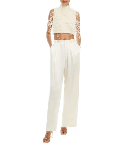 Lapointe Mock-neck Feather-trim Brushed Alpaca Crop Tank Top In Cream