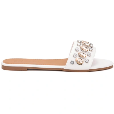 Shop Olivia Miller Elsa Womens Faux Leather Rhinestone Slide Sandals In White