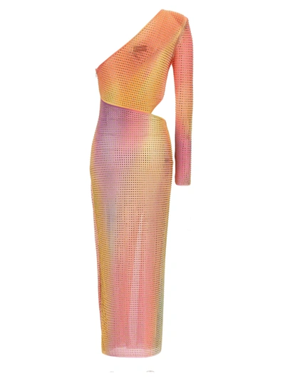 Shop Self-portrait Printed Mesh Rhinestone Cutout Midi Dresses Multicolor