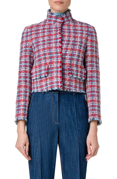 Shop Akris Punto Fringed Tweed Crop Jacket In 076 Red-blue Denim-multi