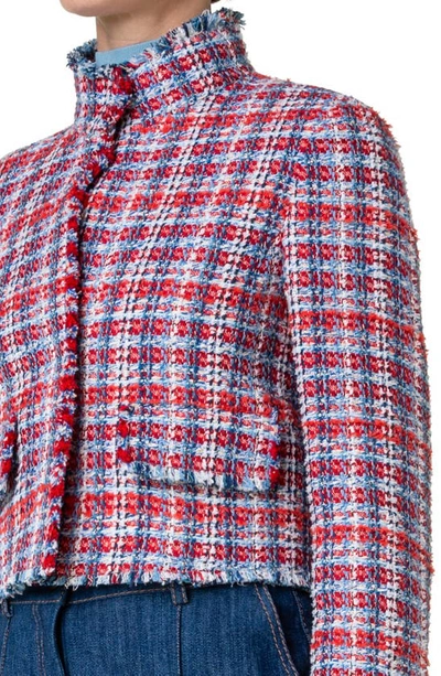 Shop Akris Punto Fringed Tweed Crop Jacket In 076 Red-blue Denim-multi