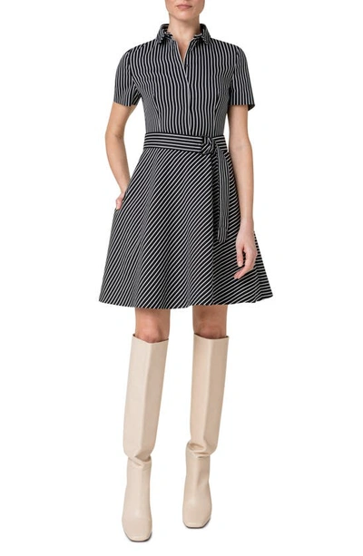 Shop Akris Punto Stripe Stretch Cotton Blend A-line Dress In 093 Black-cream
