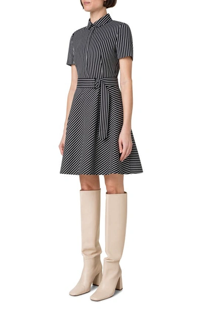 Shop Akris Punto Stripe Stretch Cotton Blend A-line Dress In 093 Black-cream
