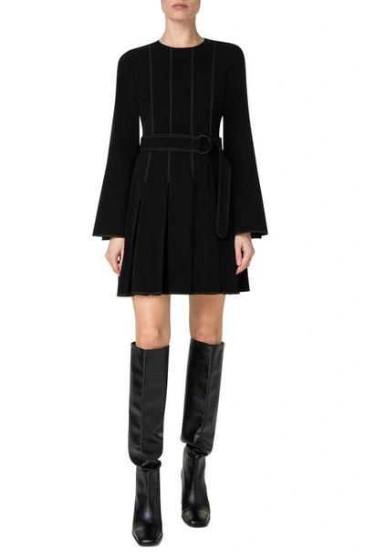 Shop Akris Punto Topstitch Pleated Bell Long Sleeve Crepe Dress In 009 Black