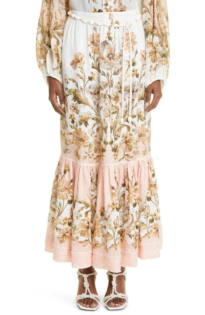 Shop Zimmermann Chintz Floral Tiered Linen Skirt In Pink Daisy Floral