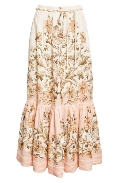 Shop Zimmermann Chintz Floral Tiered Linen Skirt In Pink Daisy Floral