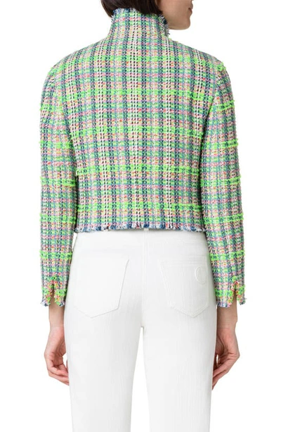 Shop Akris Punto Fringed Tweed Crop Jacket In 056 Vibrant Green-multicolor