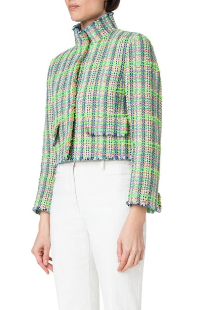 Shop Akris Punto Fringed Tweed Crop Jacket In 056 Vibrant Green-multicolor