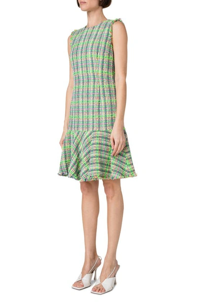 Shop Akris Punto Fringed Tweed Sleeveless Sheath Dress In Green Multi