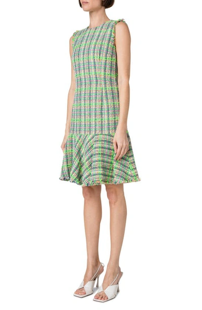 Akris Punto Multicolor Cotton Tweed Dress With Flounce Hem In Green Multi